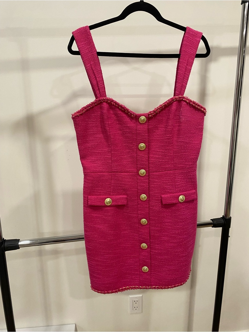 Rebecca Vallance Fuchsia Tweed Button-Front Mini Dress with Gold Buttons